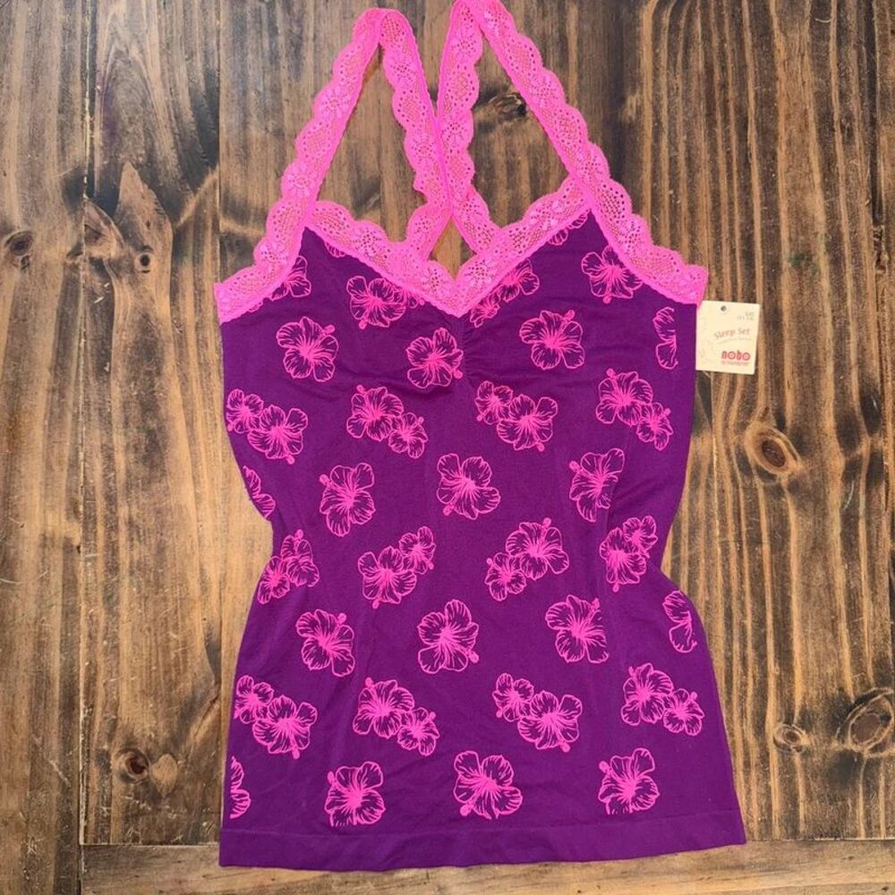 Rare VTG-style Y2K Hibiscus Cami Tank Top Lace Trim Purple Pink NWT